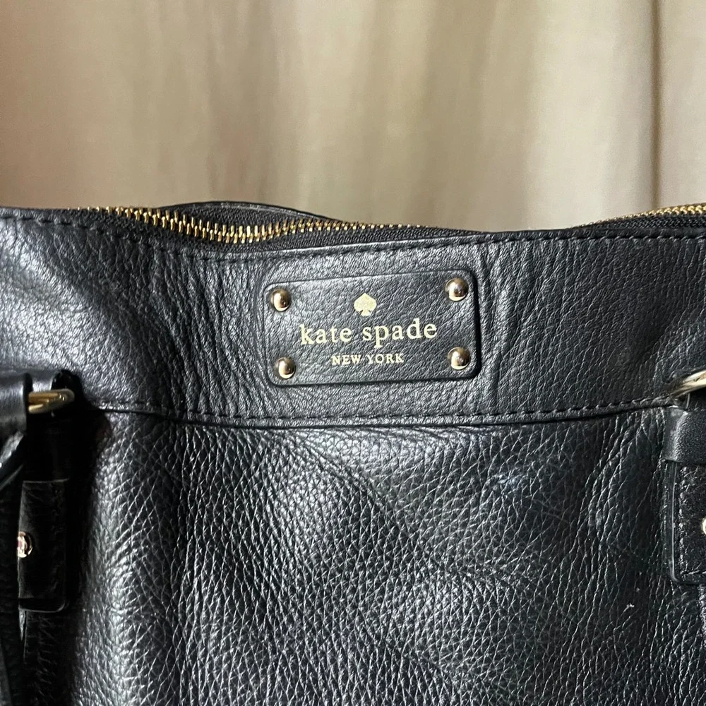 Kate Spade New York Black Pebbled Leather Large Shoulder Tote Bag Zip Top